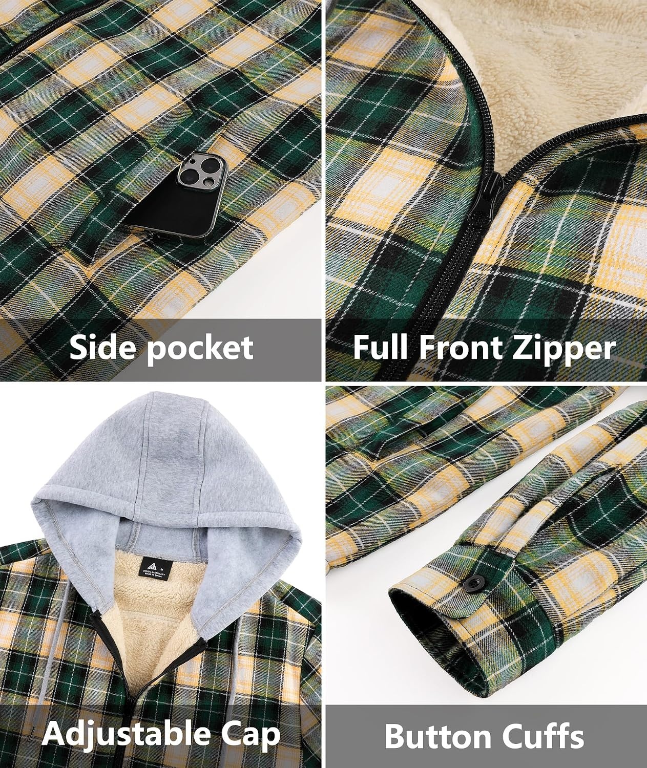 image:imageZITY Mens Flannel Jacket Sherpa Lined Fleece Plaid Hoodie Zip Up SweatshirtGreen Beige
