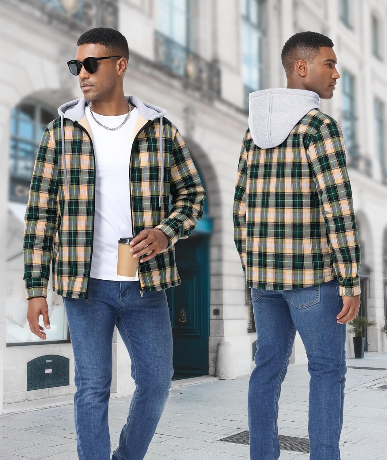 image:imageZITY Mens Flannel Jacket Sherpa Lined Fleece Plaid Hoodie Zip Up SweatshirtGreen Beige