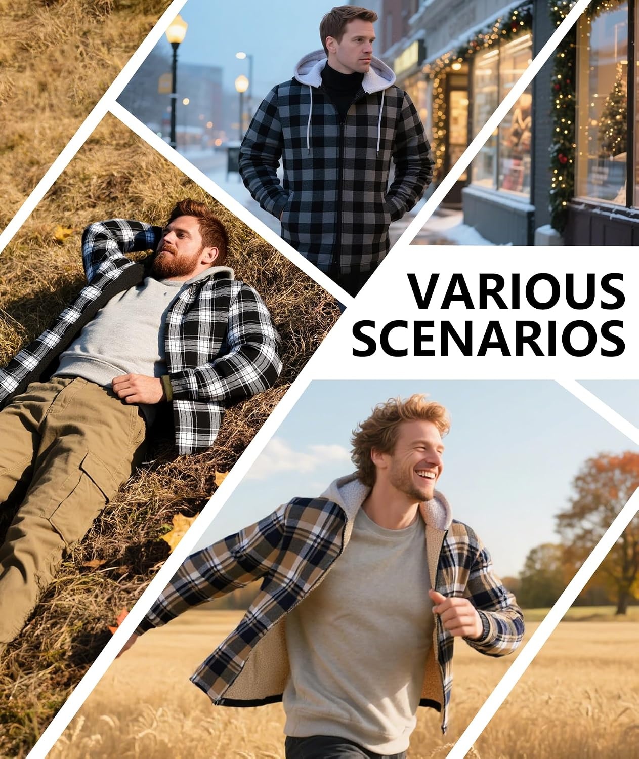 image:imageZITY Mens Flannel Jacket Sherpa Lined Fleece Plaid Hoodie Zip Up SweatshirtGreen Beige