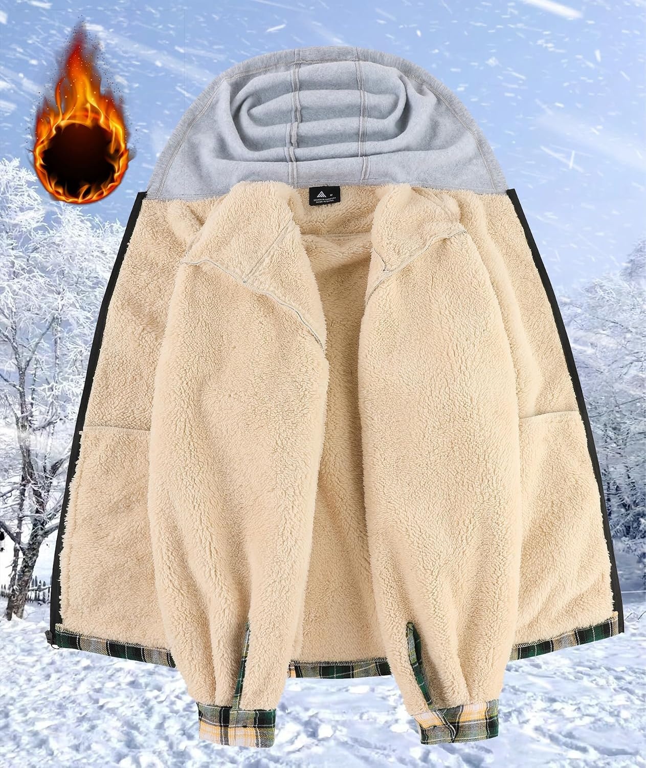 image:imageZITY Mens Flannel Jacket Sherpa Lined Fleece Plaid Hoodie Zip Up SweatshirtGreen Beige