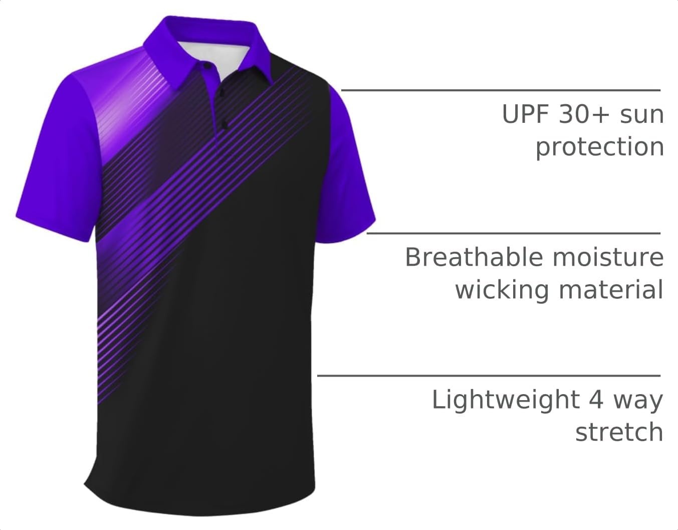 image:imageZITY Mens Golf Shirts Short Sleeve Print Patterns Casual Collared PoloBlack Violet