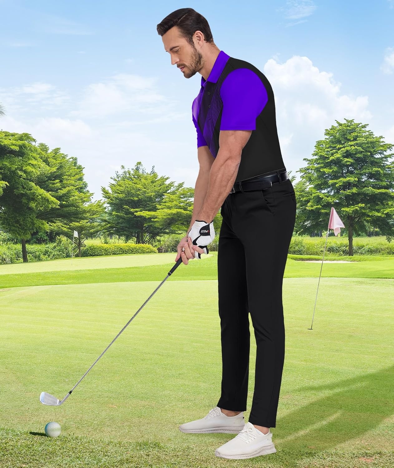 image:imageZITY Mens Golf Shirts Short Sleeve Print Patterns Casual Collared PoloBlack Violet