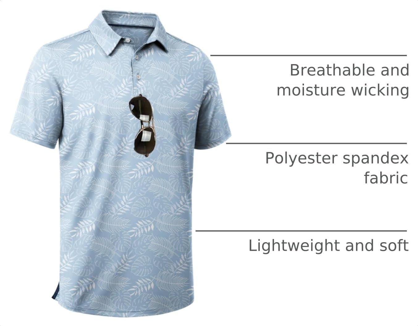 image:imageZITY Mens Golf Shirts Short Sleeve Print Patterns Casual Collared PoloLight Blue Leaf