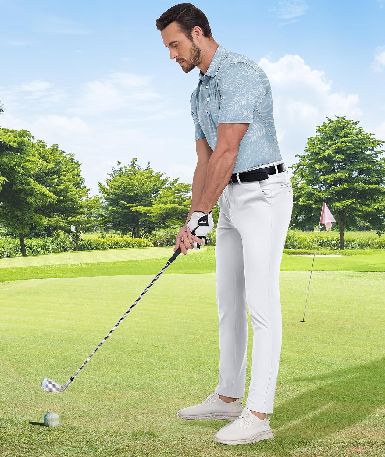 image:imageZITY Mens Golf Shirts Short Sleeve Print Patterns Casual Collared PoloLight Blue Leaf