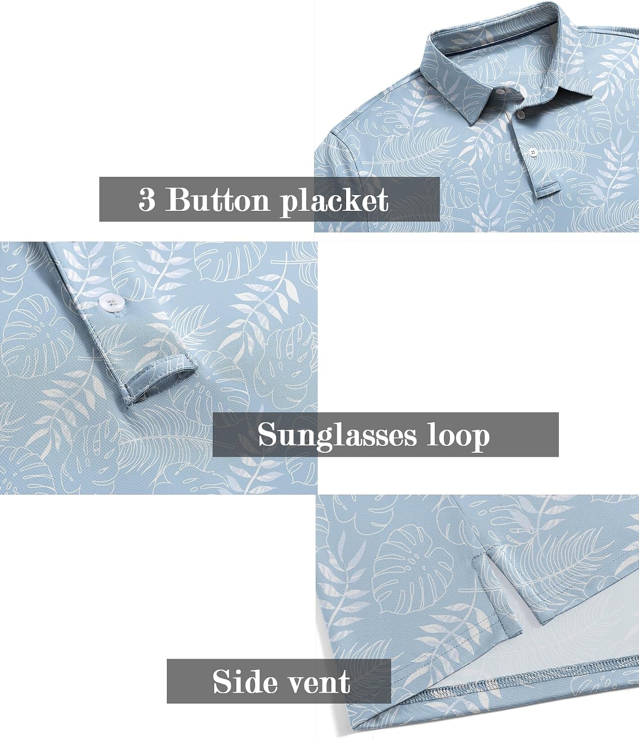 image:imageZITY Mens Golf Shirts Short Sleeve Print Patterns Casual Collared PoloLight Blue Leaf