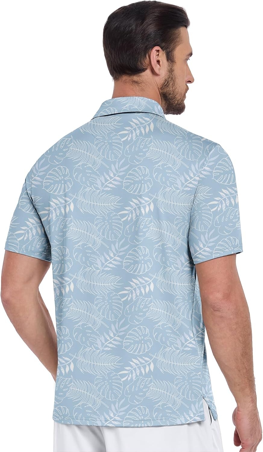 image:imageZITY Mens Golf Shirts Short Sleeve Print Patterns Casual Collared PoloLight Blue Leaf