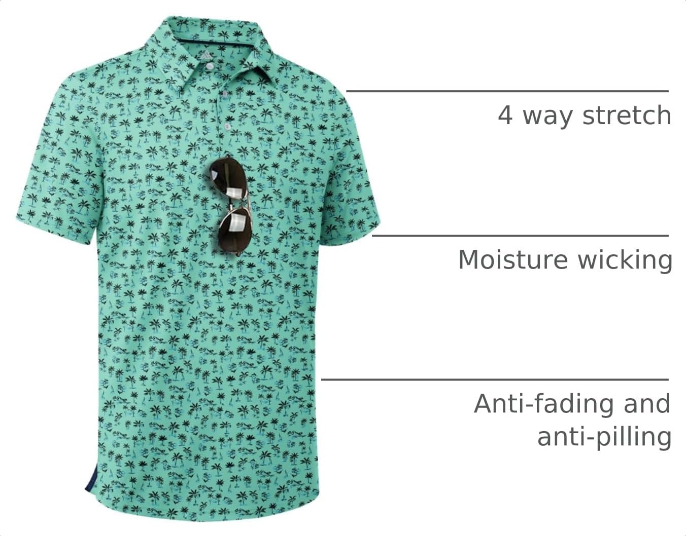 image:imageZITY Mens Golf Shirts Short Sleeve Print Patterns Casual Collared PoloLight Green Tree