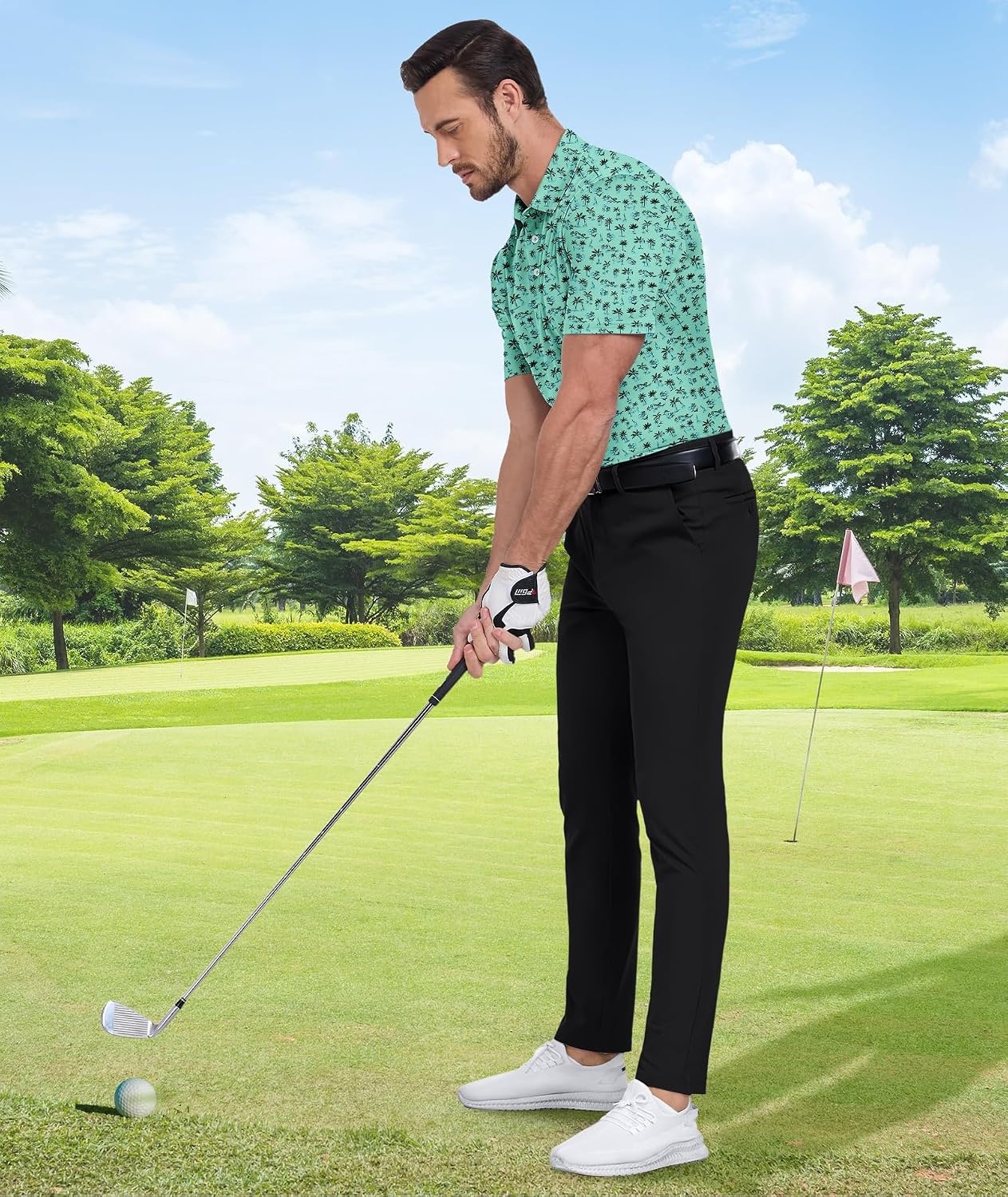 image:imageZITY Mens Golf Shirts Short Sleeve Print Patterns Casual Collared PoloLight Green Tree