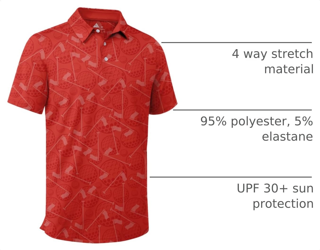 image:imageZITY Mens Golf Shirts Short Sleeve Print Patterns Casual Collared PoloOrange Red Golf Ball