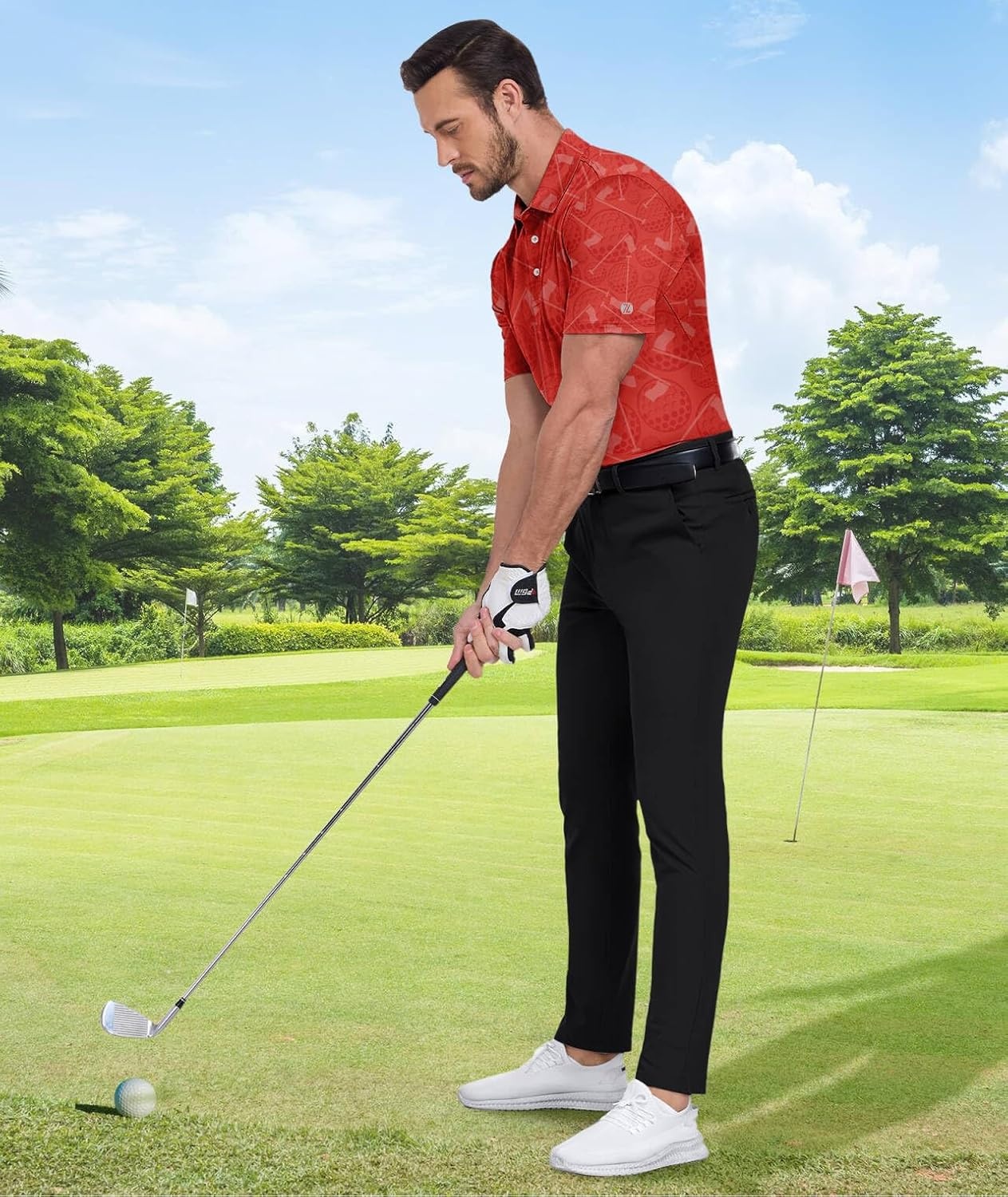image:imageZITY Mens Golf Shirts Short Sleeve Print Patterns Casual Collared PoloOrange Red Golf Ball