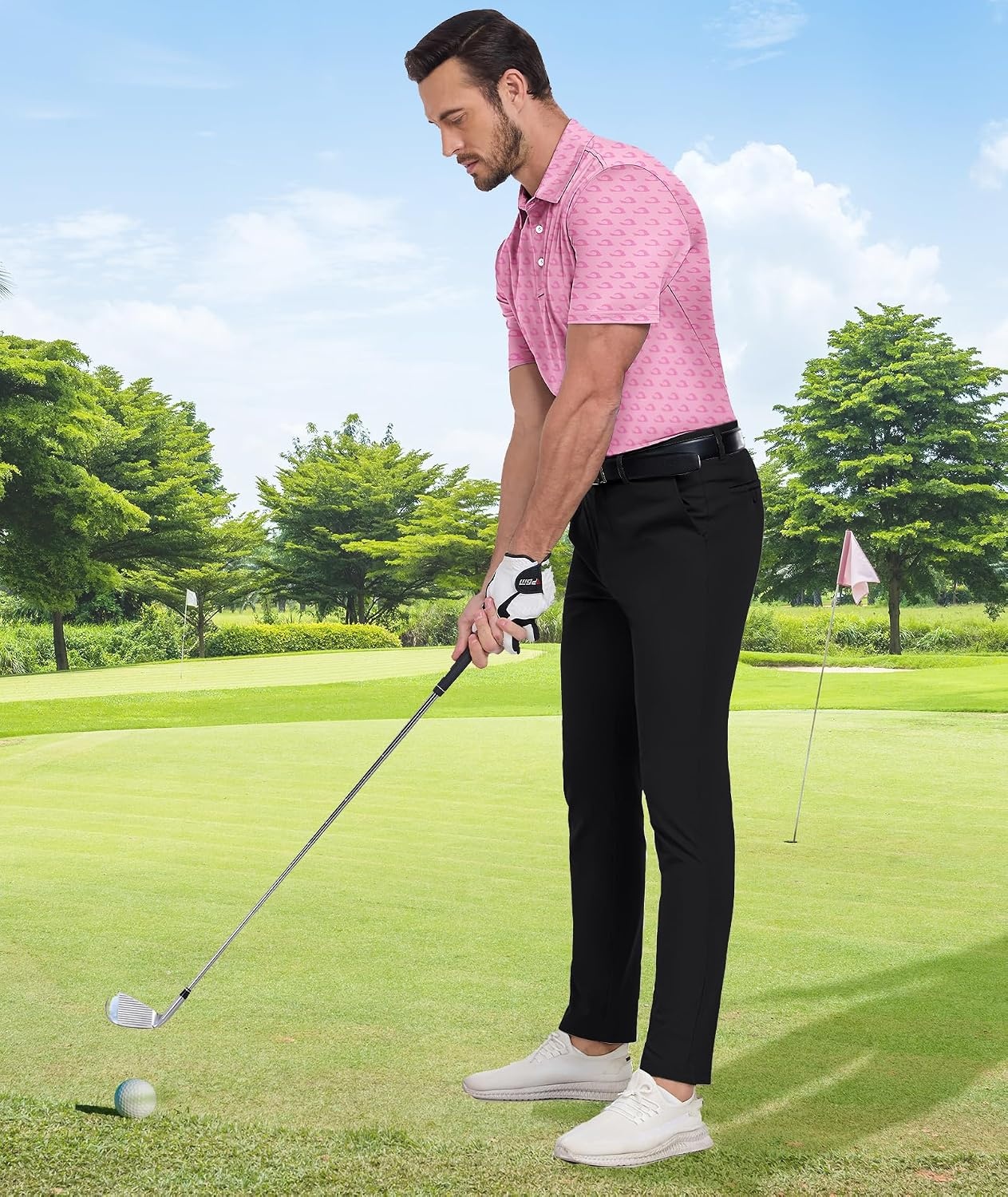 image:imageZITY Mens Golf Shirts Short Sleeve Print Patterns Casual Collared PoloPink Waves