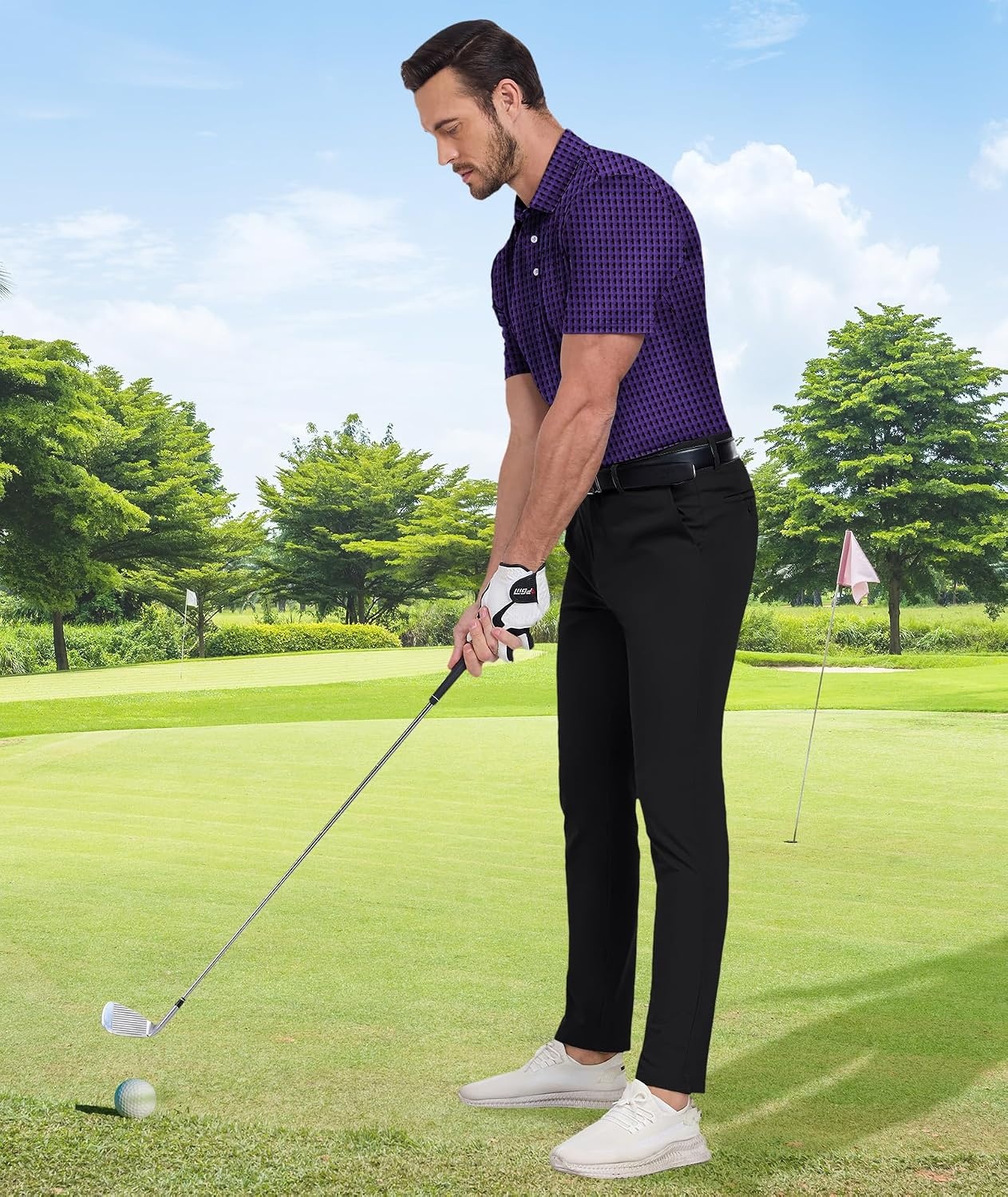image:imageZITY Mens Golf Shirts Short Sleeve Print Patterns Casual Collared PoloPurple Block