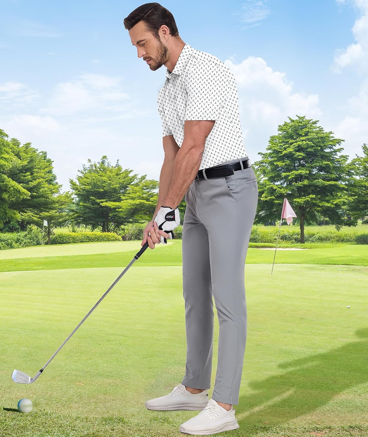 image:imageZITY Mens Golf Shirts Short Sleeve Print Patterns Casual Collared PoloWhite