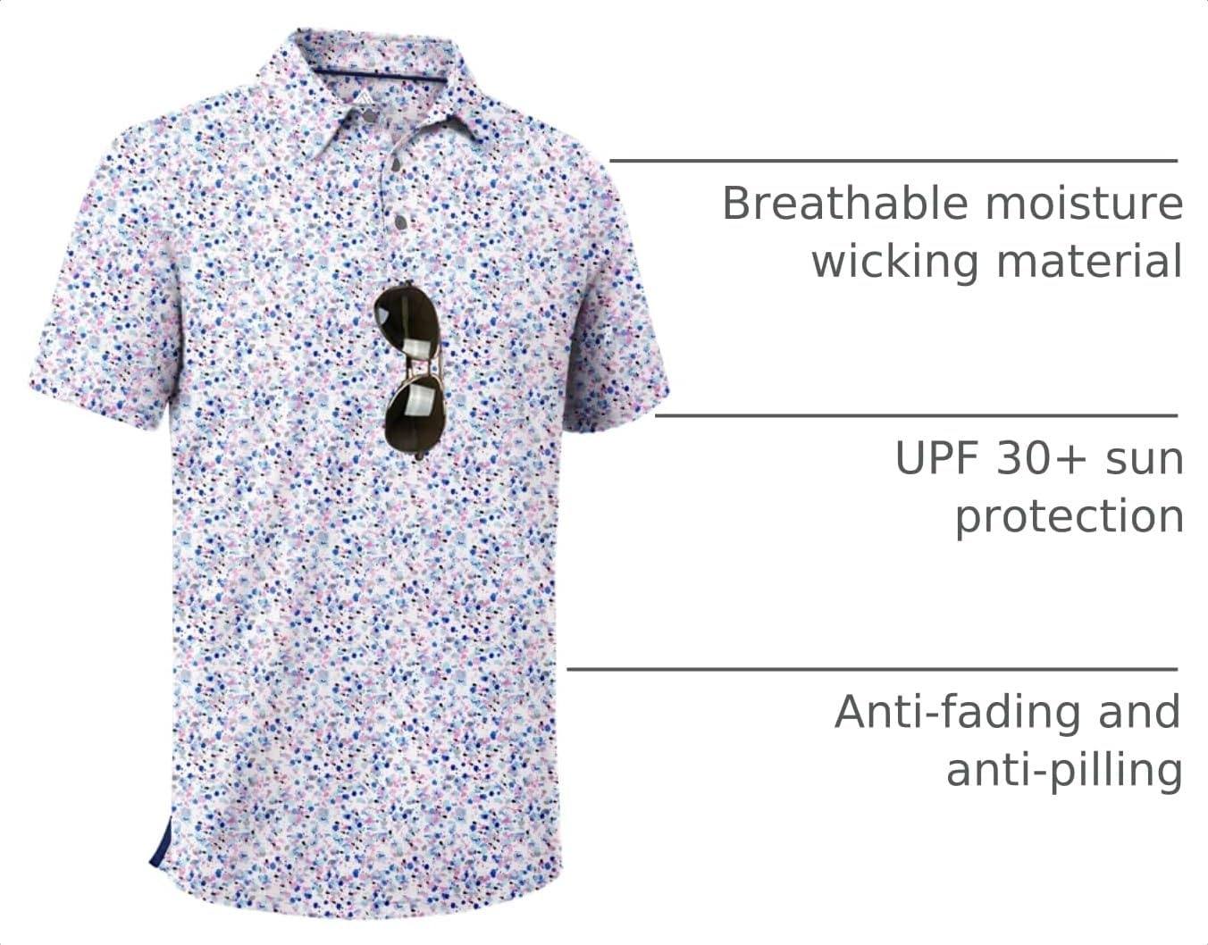 image:imageZITY Mens Golf Shirts Short Sleeve Print Patterns Casual Collared PoloWhite Colorful Dots