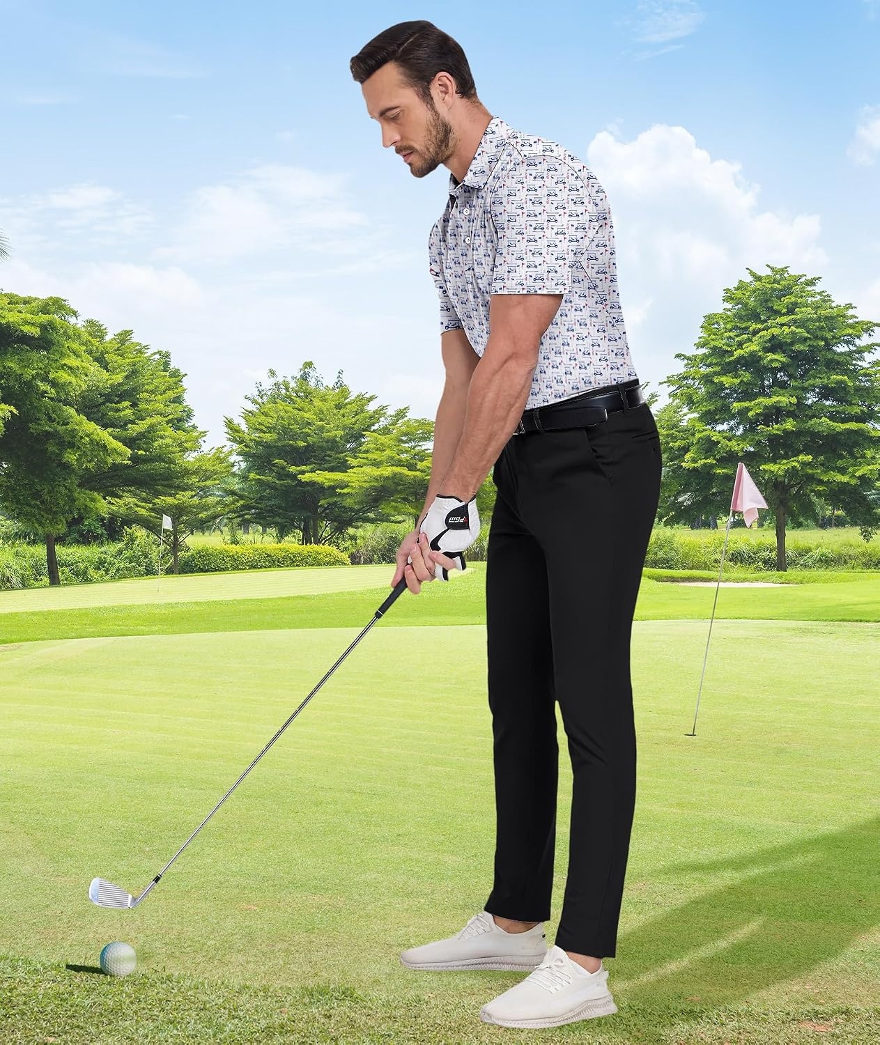 image:imageZITY Mens Golf Shirts Short Sleeve Print Patterns Casual Collared PoloWhite Golf Cart