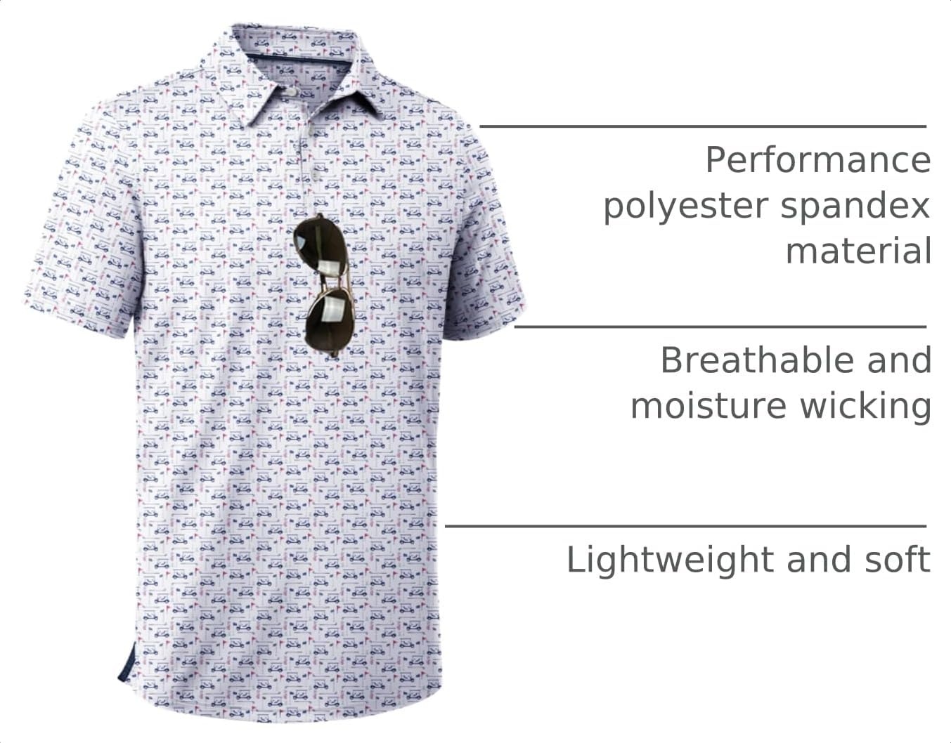 image:imageZITY Mens Golf Shirts Short Sleeve Print Patterns Casual Collared PoloWhite Golf Cart