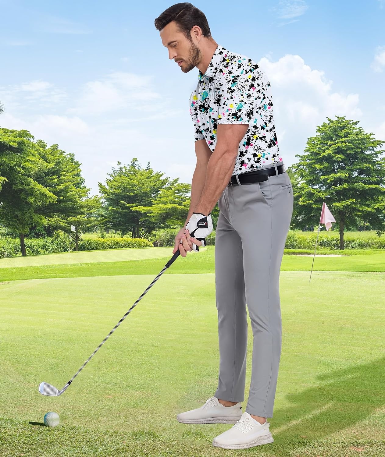 image:imageZITY Mens Golf Shirts Short Sleeve Print Patterns Casual Collared PoloWhite Painting