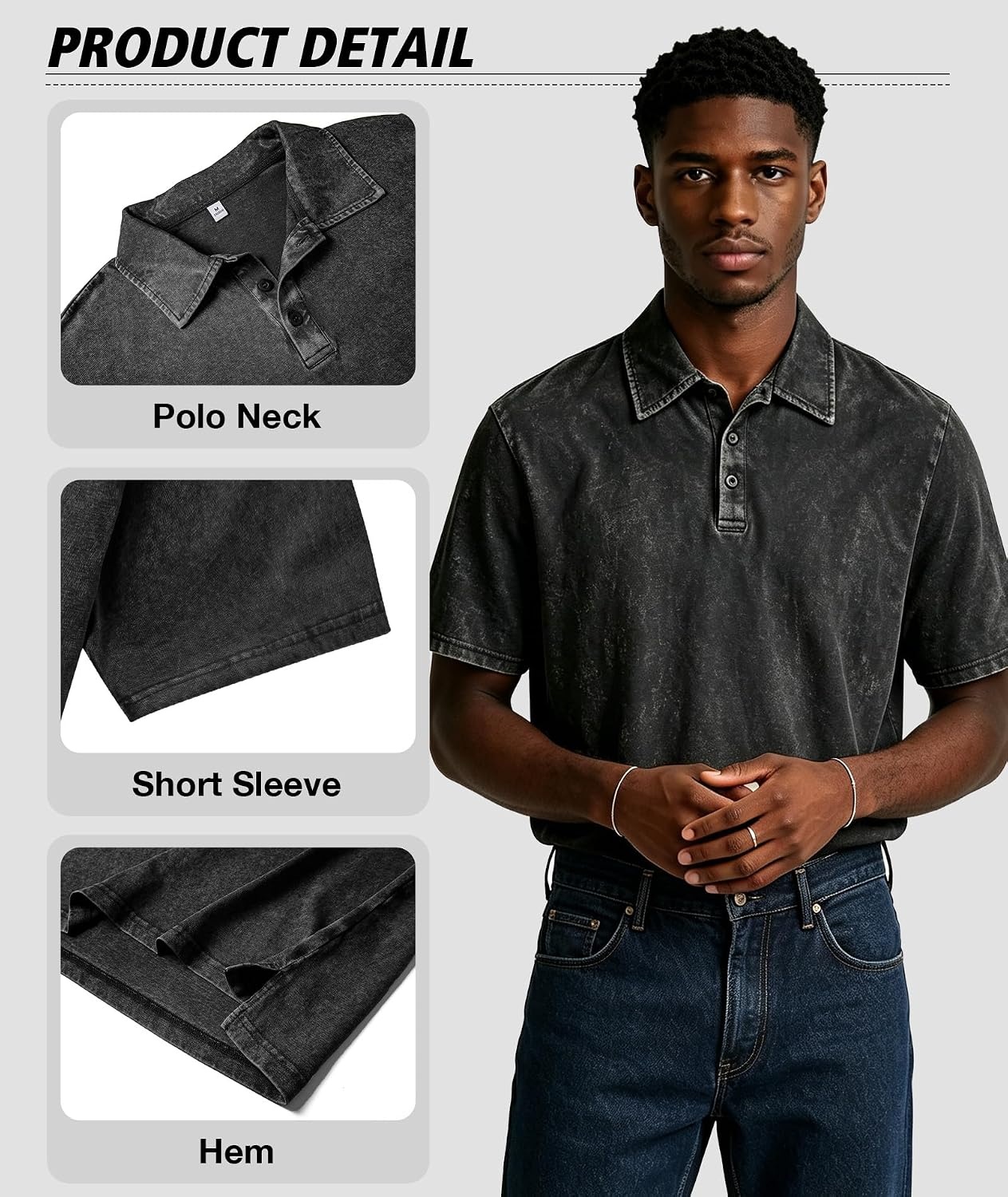 image:imageZITY Mens Polo Shirts Short Sleeve Cotton Vintage Acid Washed T Shirts Overzied Collared Polo ShirtsBlack Black Black