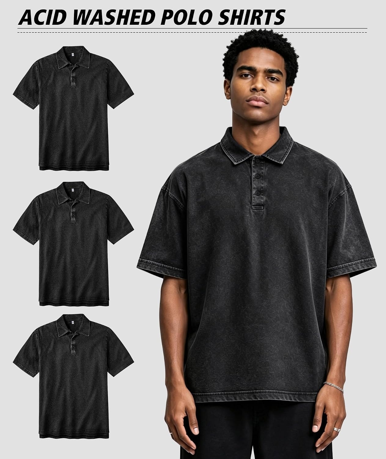 image:imageZITY Mens Polo Shirts Short Sleeve Cotton Vintage Acid Washed T Shirts Overzied Collared Polo ShirtsBlack Black Black