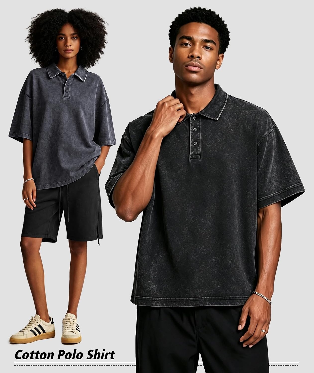 image:imageZITY Mens Polo Shirts Short Sleeve Cotton Vintage Acid Washed T Shirts Overzied Collared Polo ShirtsBlack Black Black