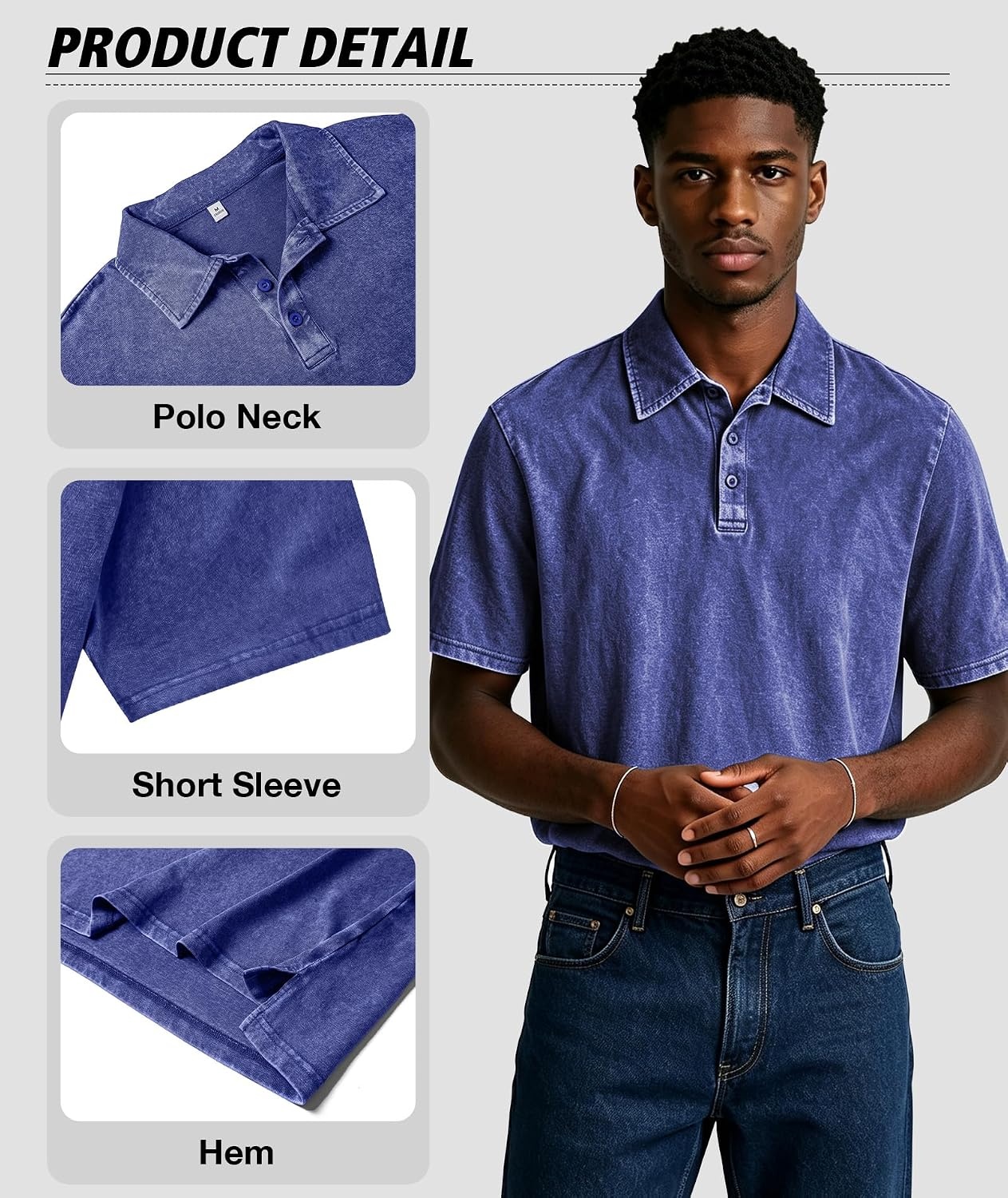 image:imageZITY Mens Polo Shirts Short Sleeve Cotton Vintage Acid Washed T Shirts Overzied Collared Polo ShirtsBlack Grey Blue