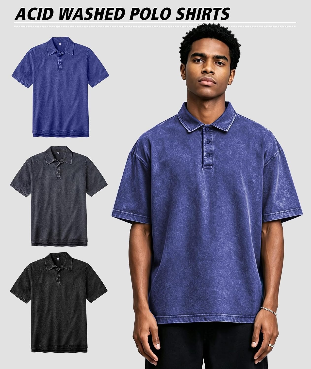 image:imageZITY Mens Polo Shirts Short Sleeve Cotton Vintage Acid Washed T Shirts Overzied Collared Polo ShirtsBlack Grey Blue