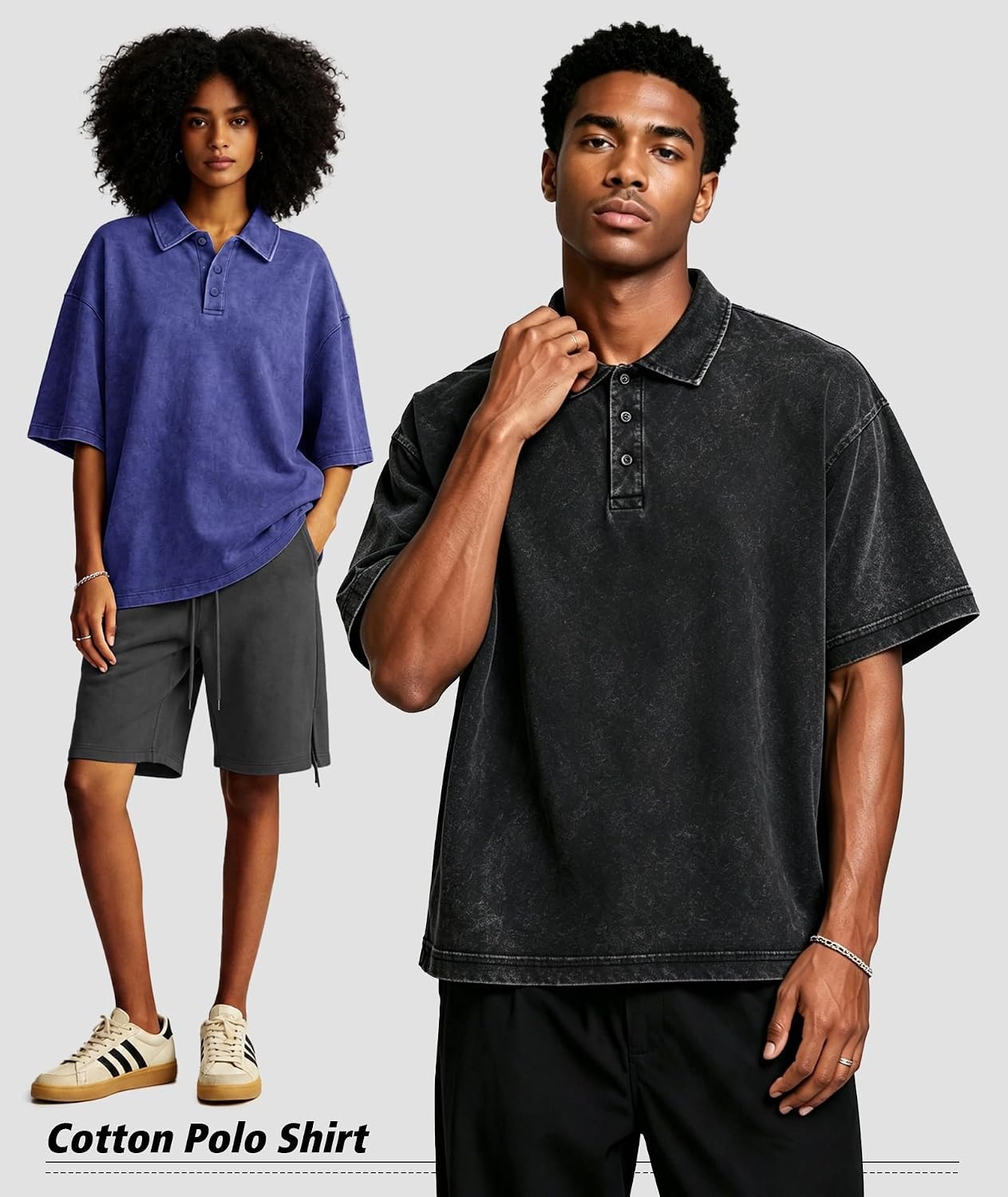 image:imageZITY Mens Polo Shirts Short Sleeve Cotton Vintage Acid Washed T Shirts Overzied Collared Polo ShirtsBlack Grey Blue