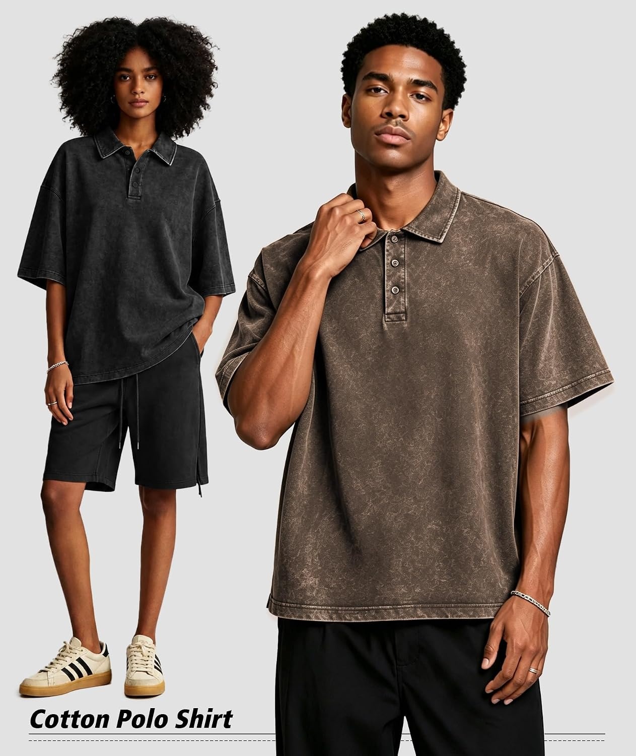 image:imageZITY Mens Polo Shirts Short Sleeve Cotton Vintage Acid Washed T Shirts Overzied Collared Polo ShirtsBlack Grey Coffee