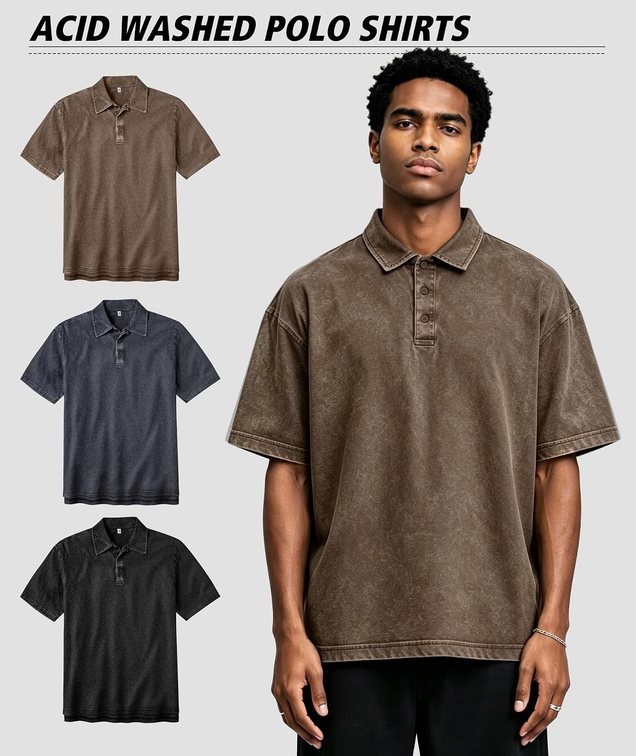 image:imageZITY Mens Polo Shirts Short Sleeve Cotton Vintage Acid Washed T Shirts Overzied Collared Polo ShirtsBlack Grey Coffee