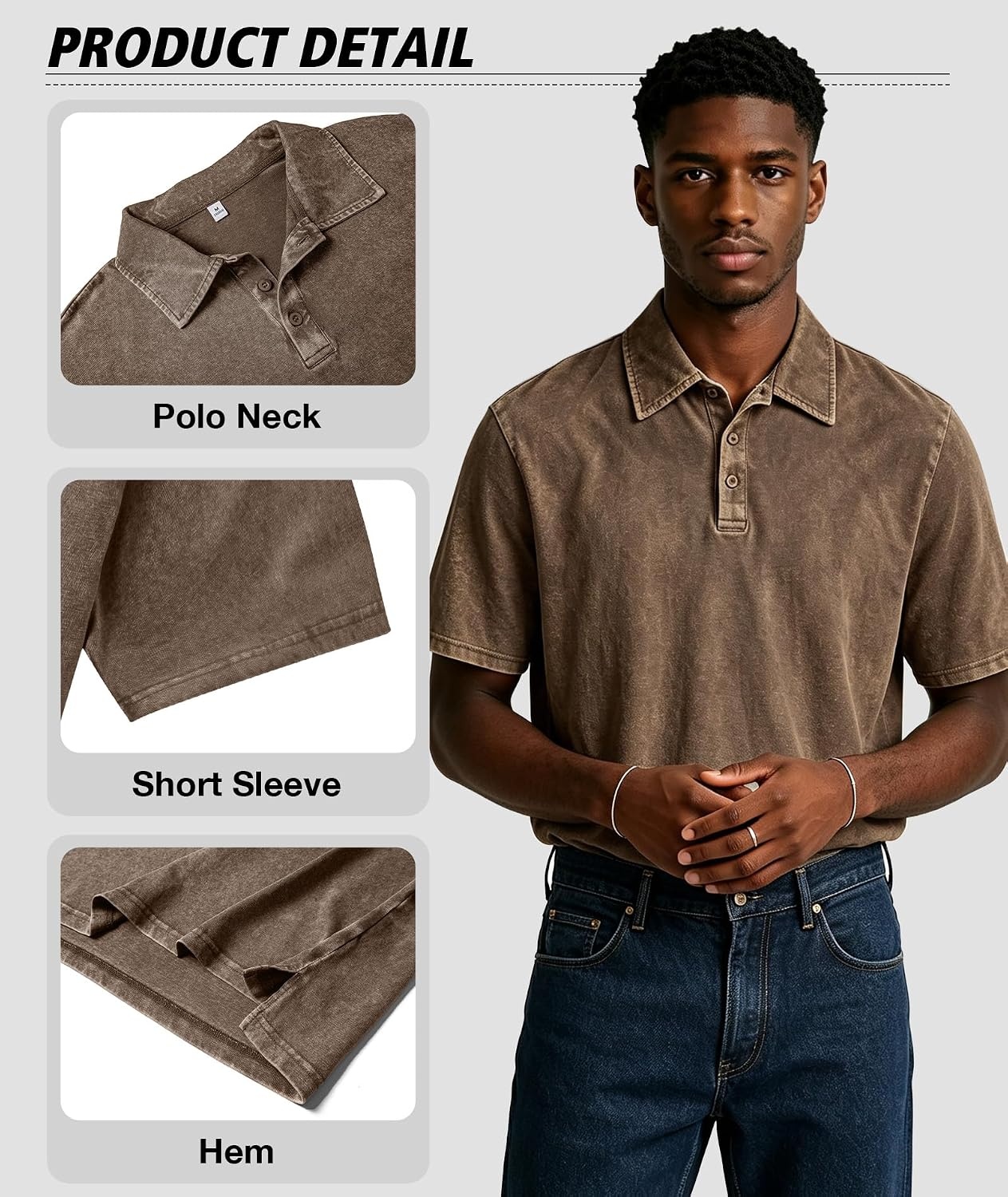 image:imageZITY Mens Polo Shirts Short Sleeve Cotton Vintage Acid Washed T Shirts Overzied Collared Polo ShirtsBlack Grey Coffee