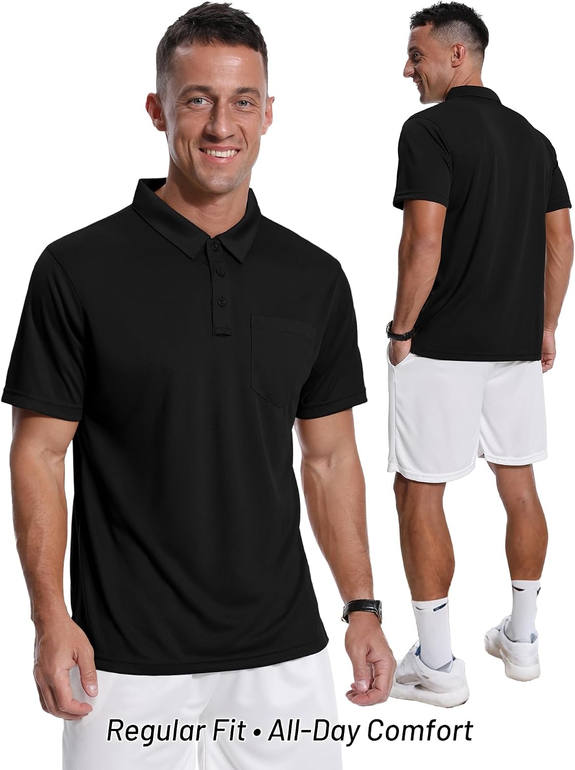 image:imageZITY Mens Polo Shirts with Pocket Short Sleeve MoistureWicking TshirtBlack