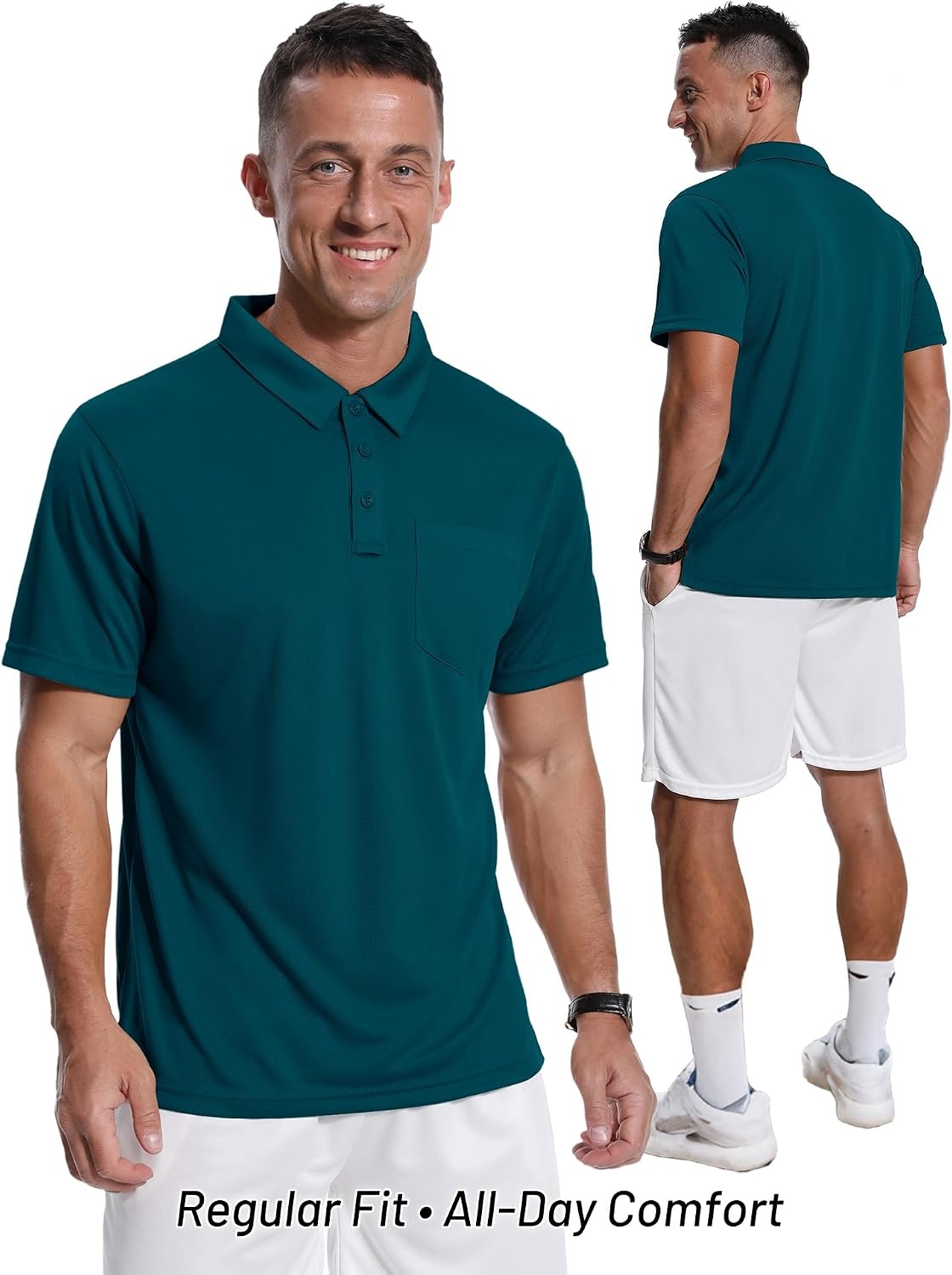 image:imageZITY Mens Polo Shirts with Pocket Short Sleeve MoistureWicking TshirtDark Teal Blue