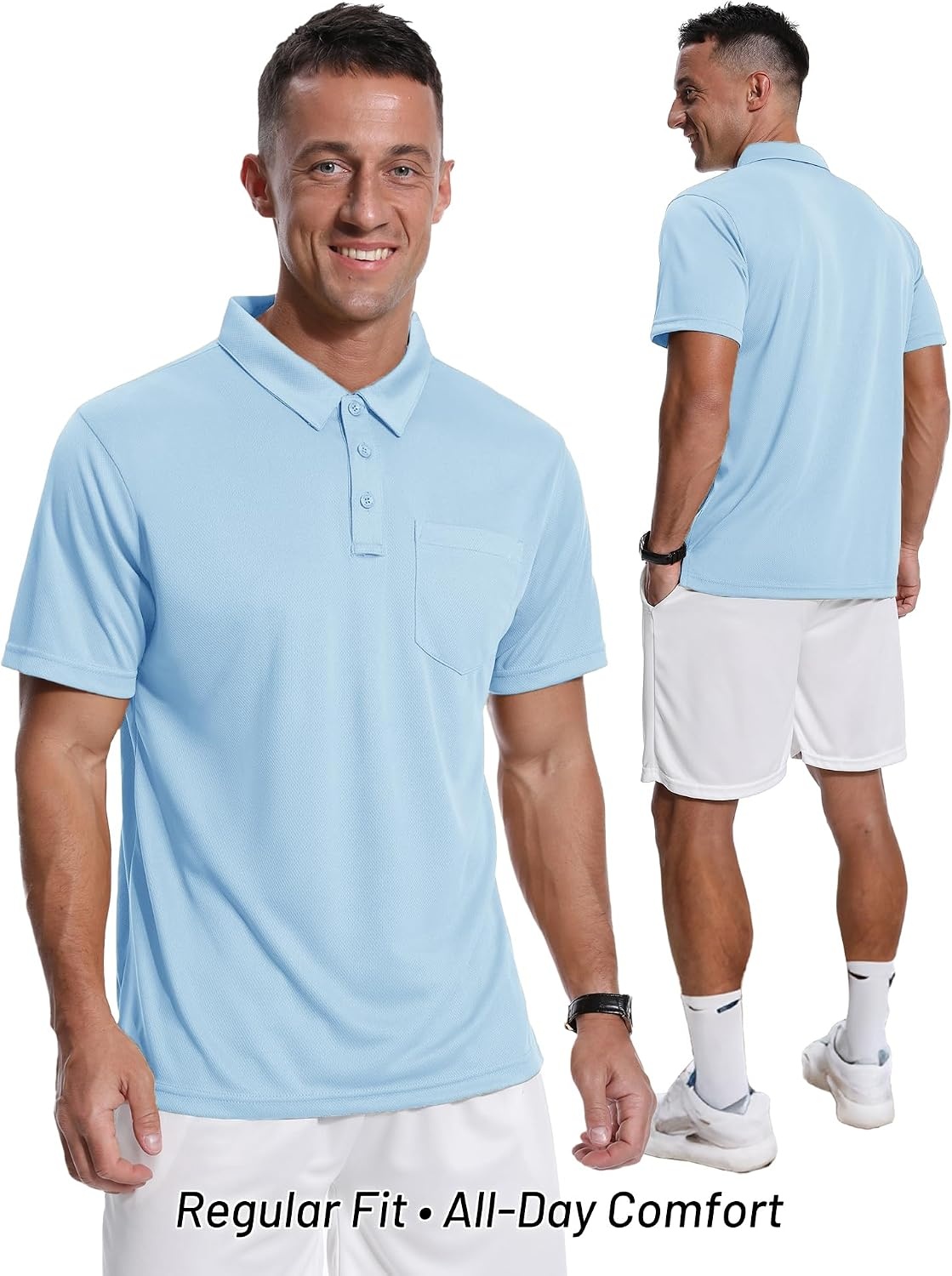 image:imageZITY Mens Polo Shirts with Pocket Short Sleeve MoistureWicking TshirtLight Blue