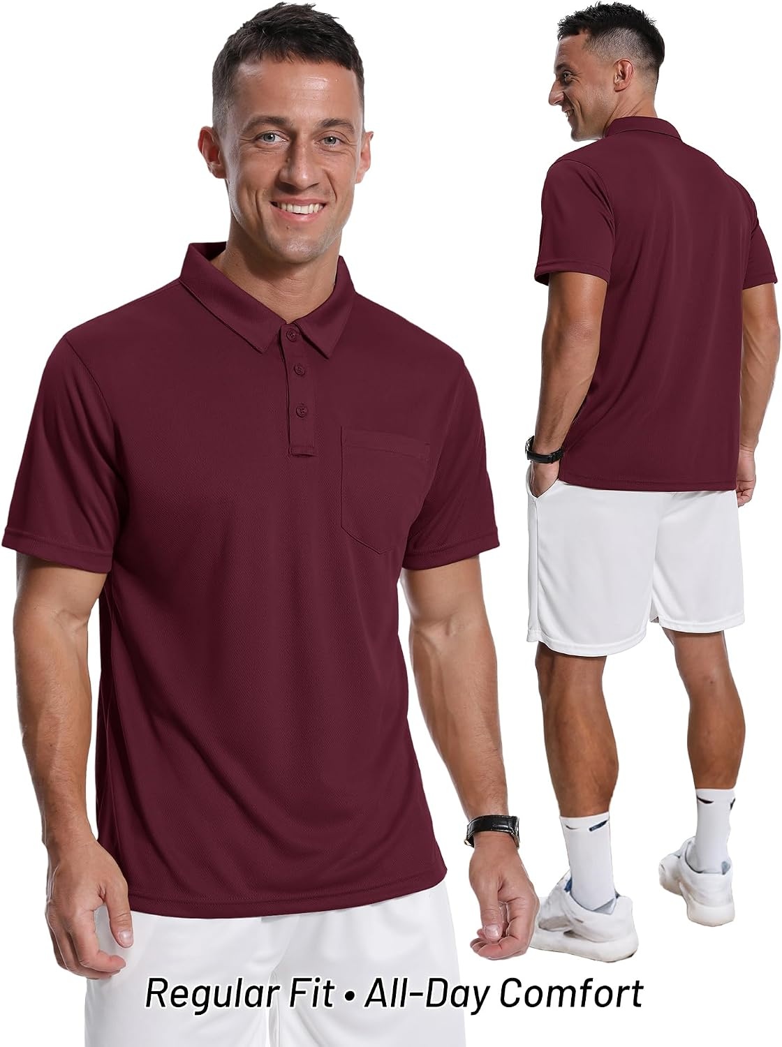 image:imageZITY Mens Polo Shirts with Pocket Short Sleeve MoistureWicking TshirtWine Red