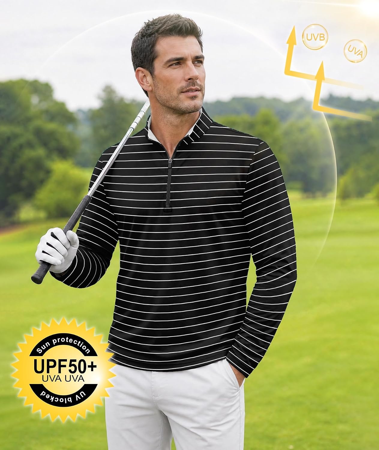 image:imageZITY Mens Printed Quarter Zip Pullover UPF 50 Long Sleeve Golf ShirtBlack White Stripe