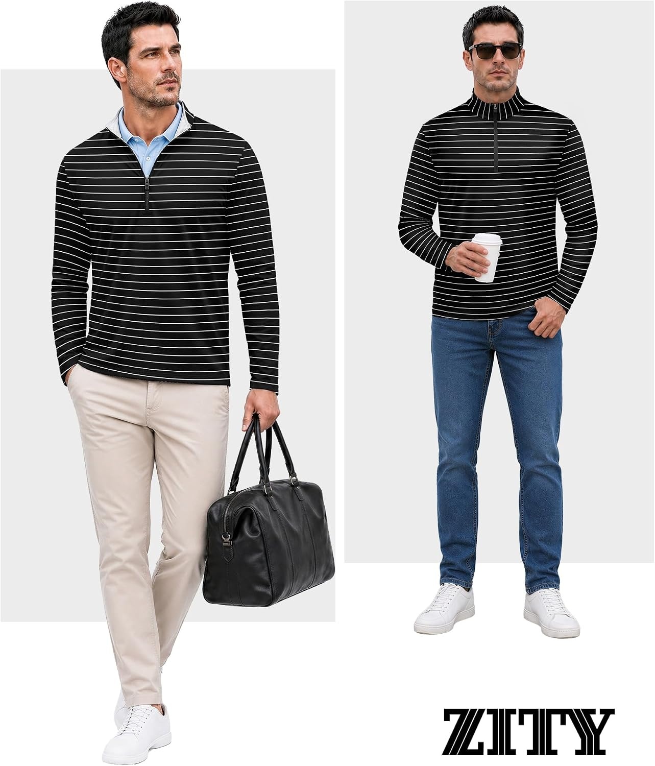 image:imageZITY Mens Printed Quarter Zip Pullover UPF 50 Long Sleeve Golf ShirtBlack White Stripe