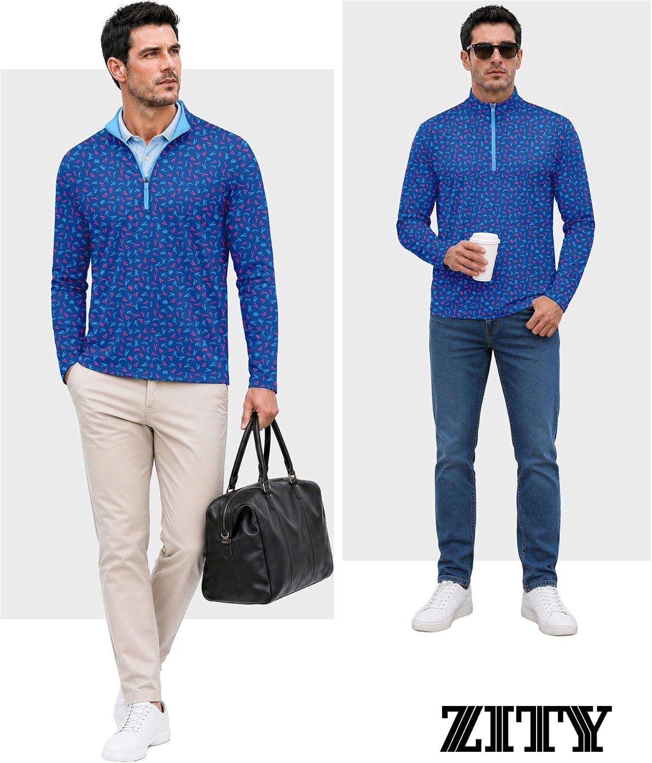 image:imageZITY Mens Printed Quarter Zip Pullover UPF 50 Long Sleeve Golf ShirtBlue Purple Lobster
