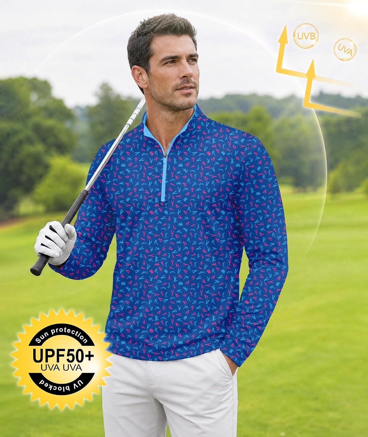 image:imageZITY Mens Printed Quarter Zip Pullover UPF 50 Long Sleeve Golf ShirtBlue Purple Lobster