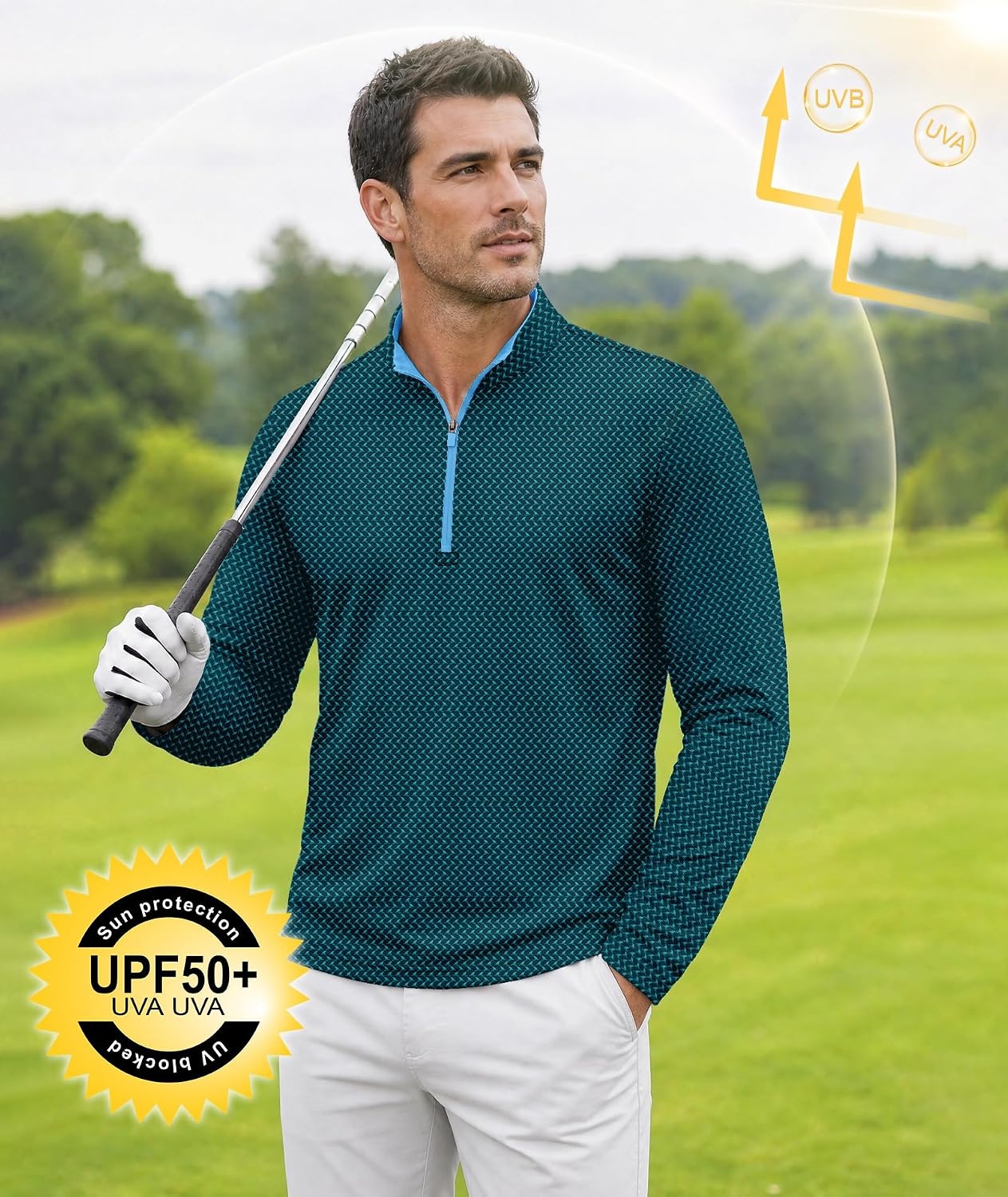 image:imageZITY Mens Printed Quarter Zip Pullover UPF 50 Long Sleeve Golf ShirtBluish Green Sharks