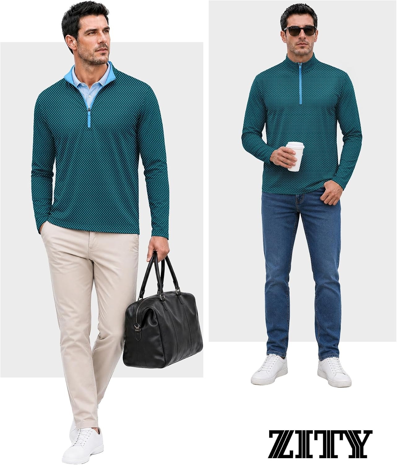 image:imageZITY Mens Printed Quarter Zip Pullover UPF 50 Long Sleeve Golf ShirtBluish Green Sharks