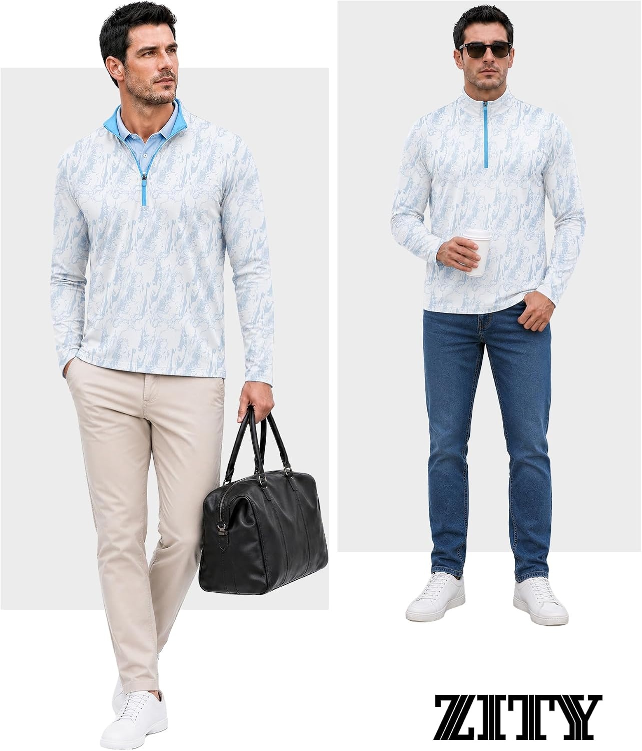 image:imageZITY Mens Printed Quarter Zip Pullover UPF 50 Long Sleeve Golf ShirtGray White Wave