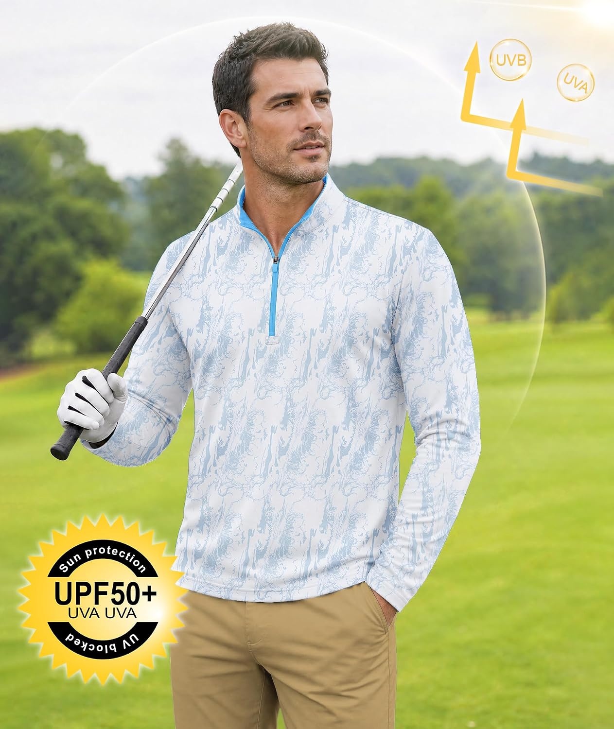 image:imageZITY Mens Printed Quarter Zip Pullover UPF 50 Long Sleeve Golf ShirtGray White Wave