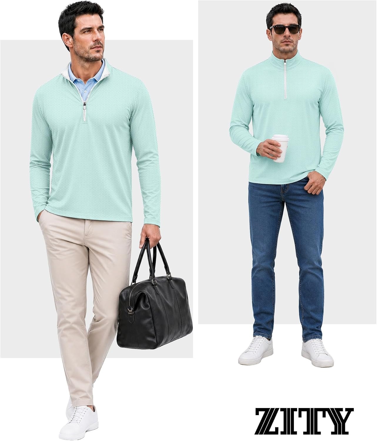 image:imageZITY Mens Printed Quarter Zip Pullover UPF 50 Long Sleeve Golf ShirtLight Green Pineapple
