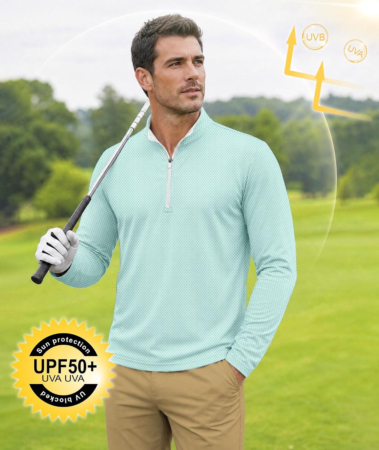 image:imageZITY Mens Printed Quarter Zip Pullover UPF 50 Long Sleeve Golf ShirtLight Green Pineapple