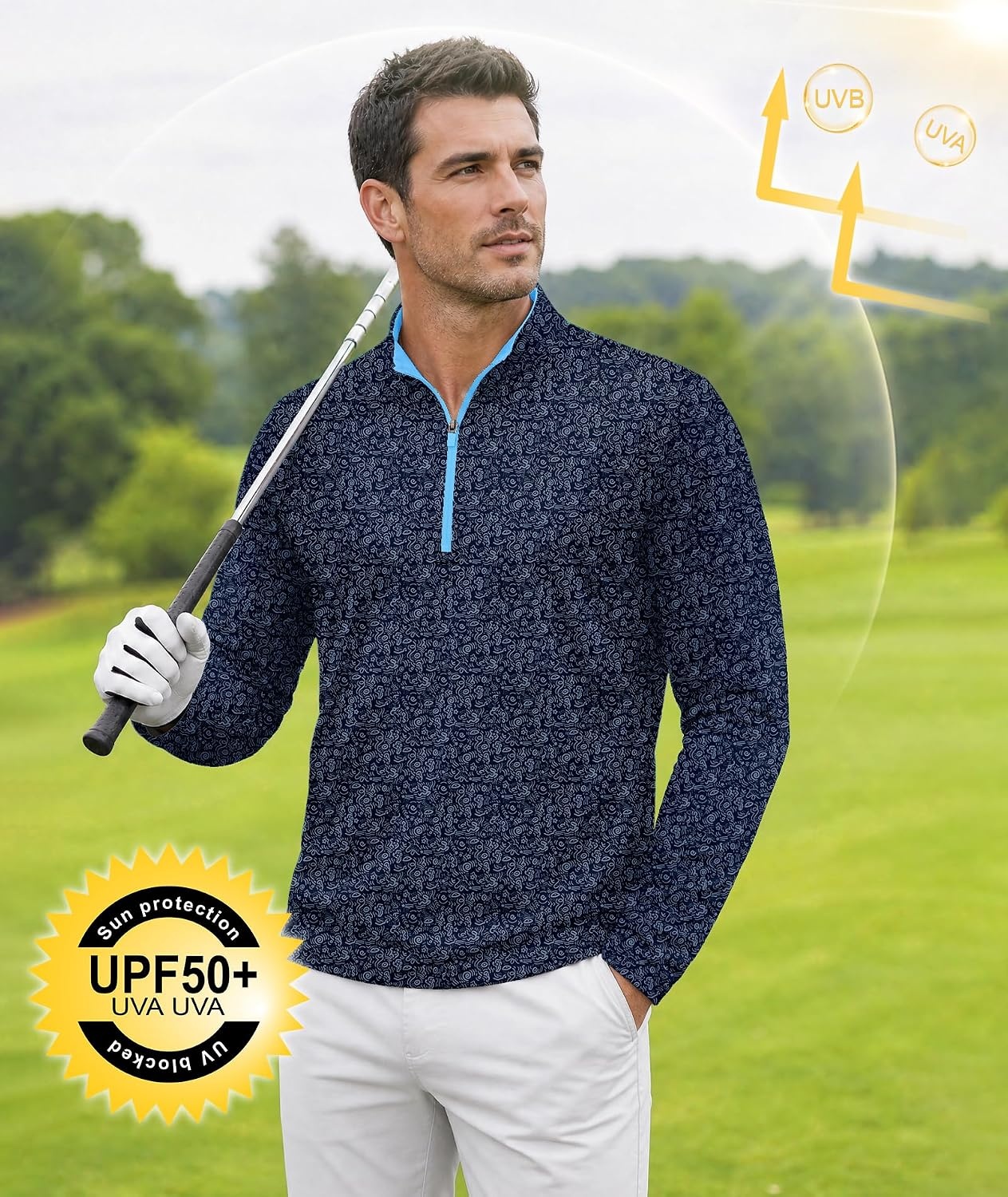 image:imageZITY Mens Printed Quarter Zip Pullover UPF 50 Long Sleeve Golf ShirtNavy Graffiti
