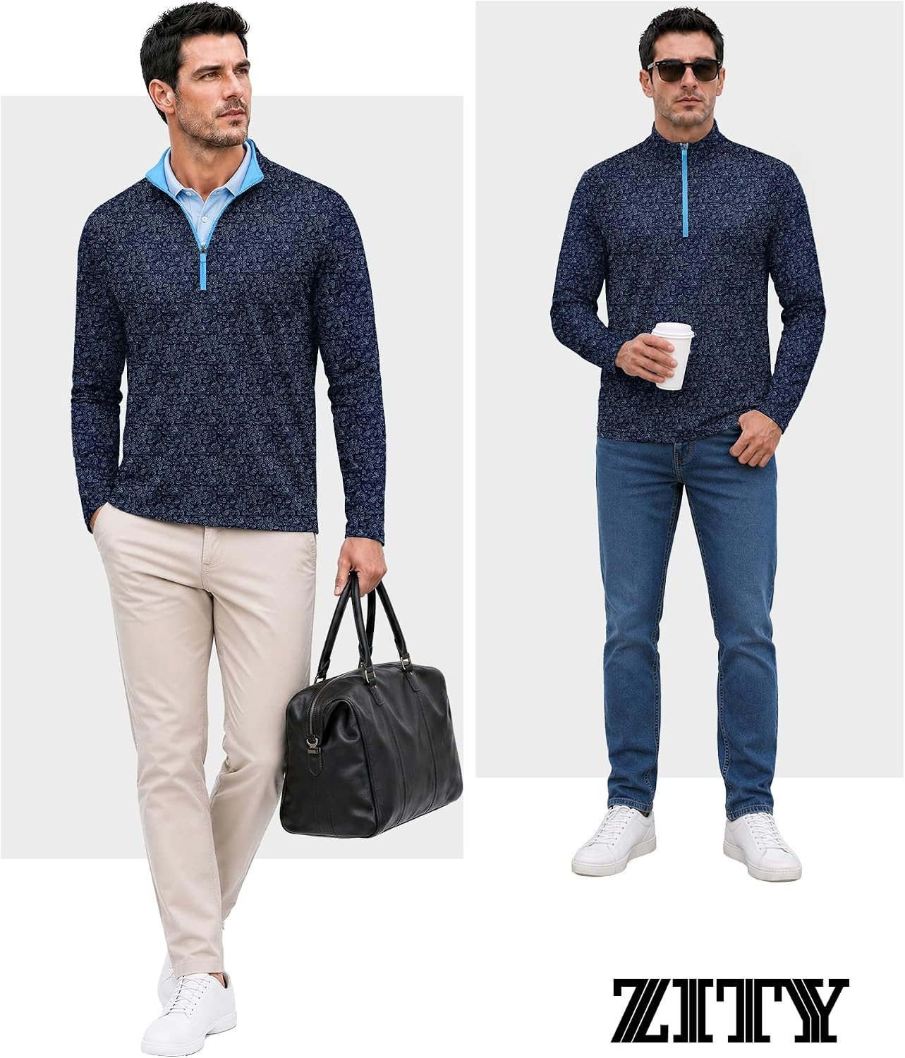 image:imageZITY Mens Printed Quarter Zip Pullover UPF 50 Long Sleeve Golf ShirtNavy Graffiti