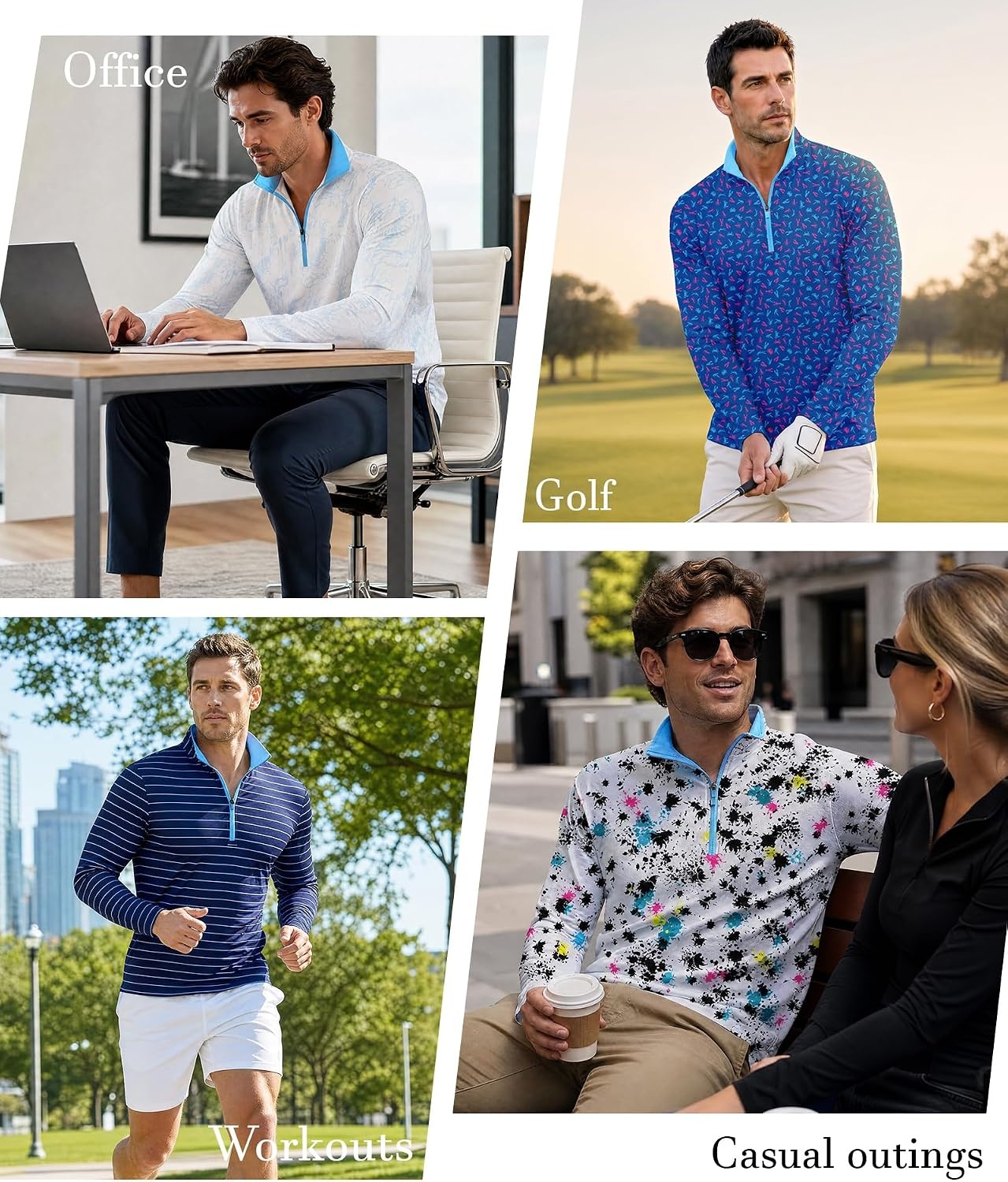 image:imageZITY Mens Printed Quarter Zip Pullover UPF 50 Long Sleeve Golf ShirtRed Wave