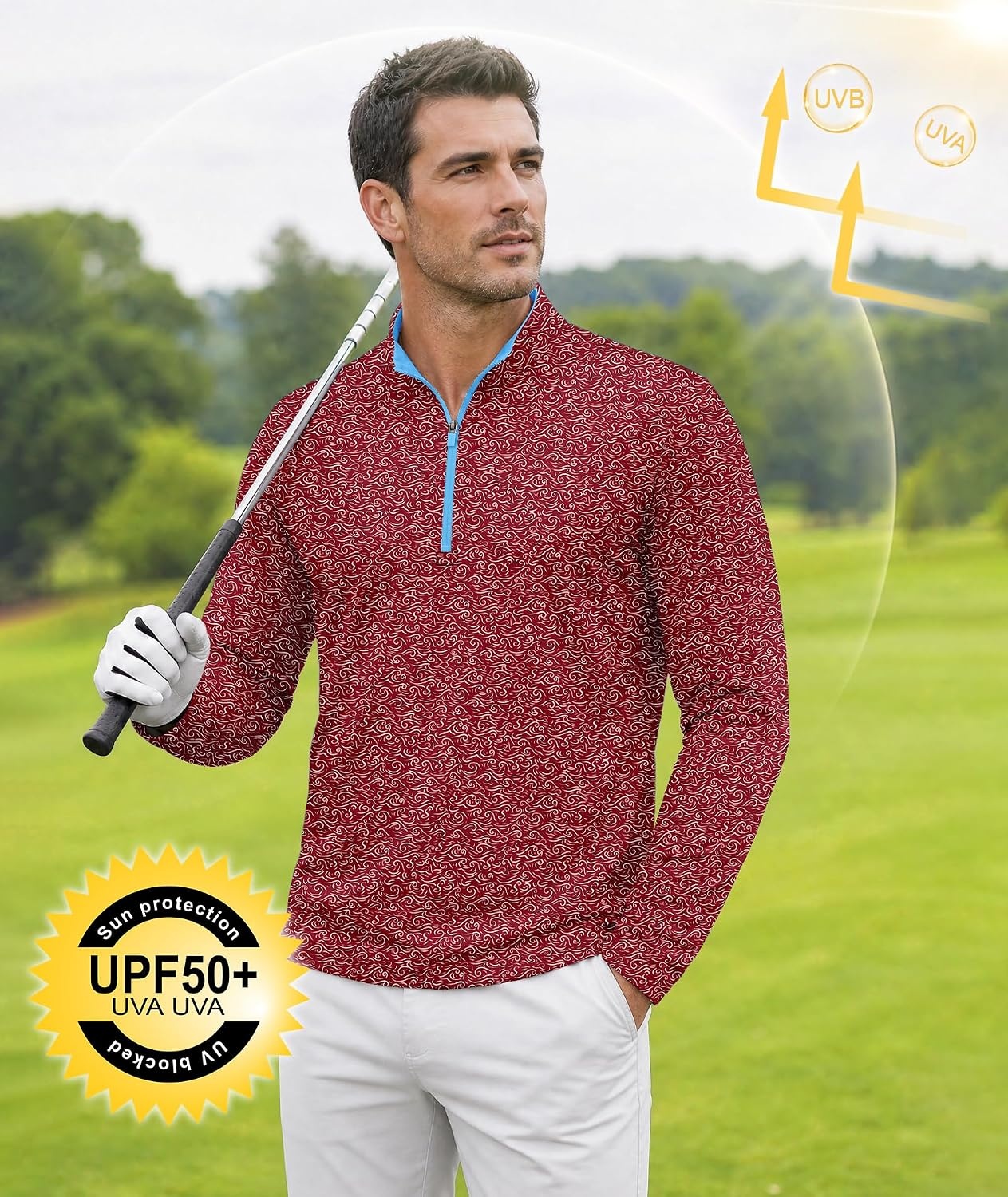 image:imageZITY Mens Printed Quarter Zip Pullover UPF 50 Long Sleeve Golf ShirtRed Wave