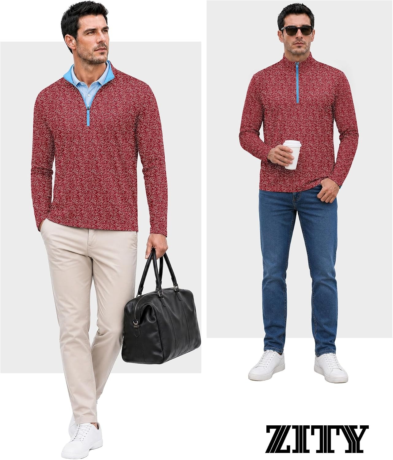 image:imageZITY Mens Printed Quarter Zip Pullover UPF 50 Long Sleeve Golf ShirtRed Wave