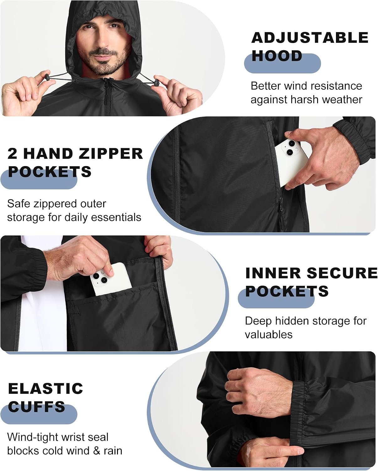 image:imageZITY Mens Rain Jacket Waterproof Lightweight Packable RaincoatBlack